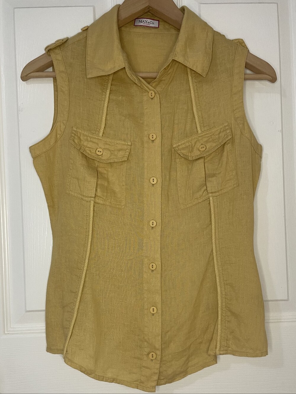 Max & Co. 100% Linen Sleeveless Button-Front Utility Shirt-Mustard Yellow Size 4